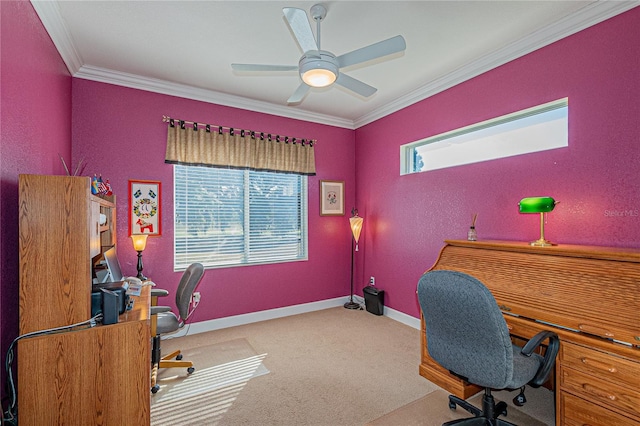 carpeted home office featuring ornamental molding, a wealth of natural light, and ceiling fan