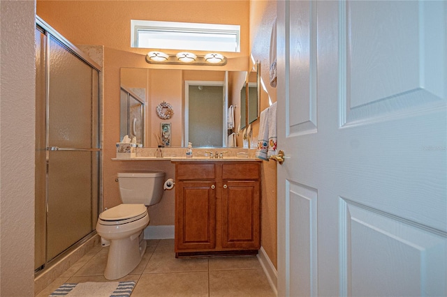 bathroom with tile patterned flooring, an enclosed shower, vanity, and toilet