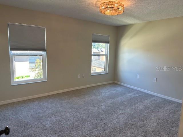 unfurnished room with a textured ceiling and carpet flooring