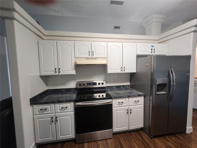 kitchen with white cabinetry, appliances with stainless steel finishes, dark hardwood / wood-style flooring, and tasteful backsplash