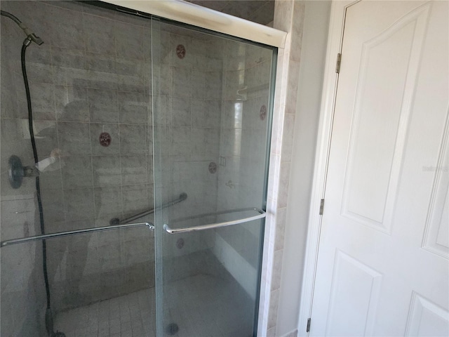 bathroom featuring a shower with shower door