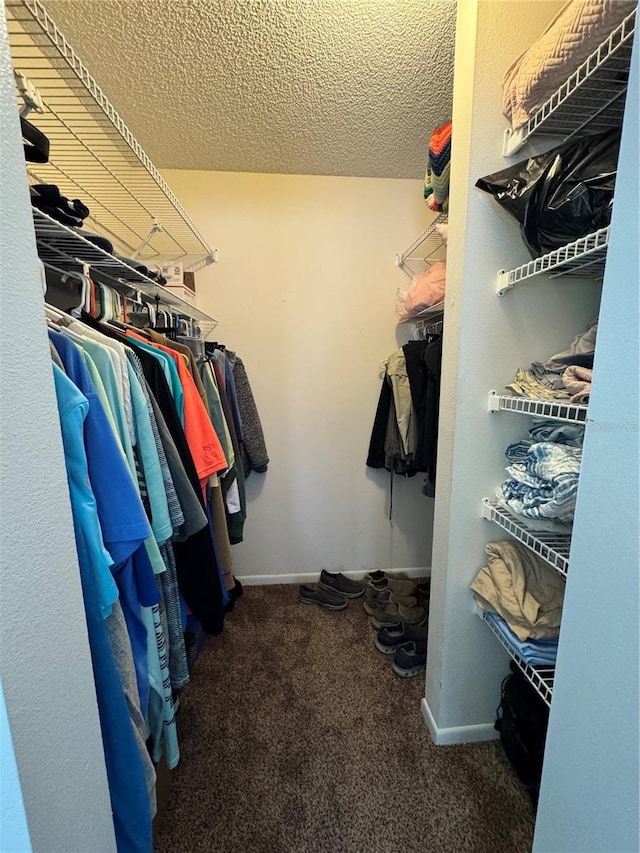 walk in closet featuring dark carpet