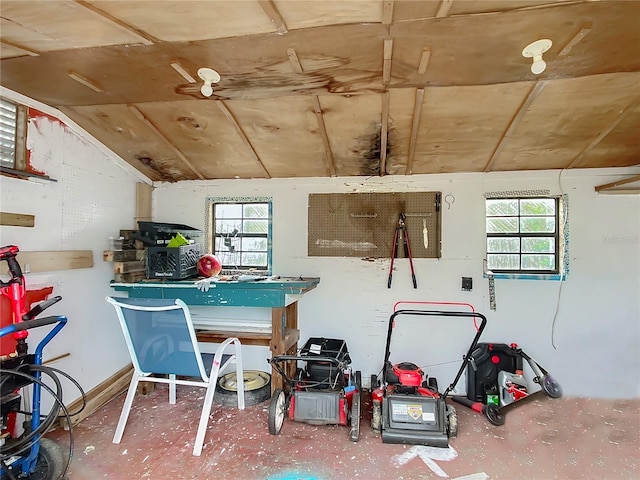 playroom featuring wooden ceiling, vaulted ceiling, and a healthy amount of sunlight