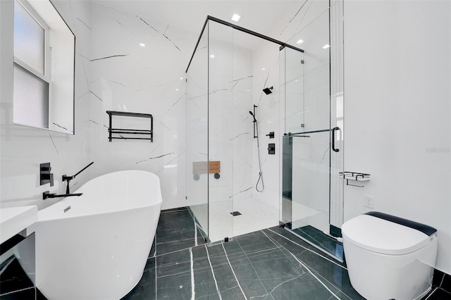 6877 SW 131st Cir, Ocala, FL 34481 - bathroom featuring a freestanding bath, a marble finish shower, toilet, vanity, and marble finish floors