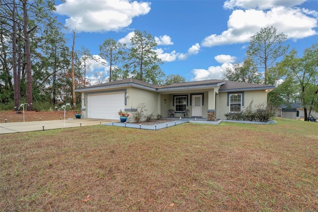 ranch-style home with a garage and a front lawn