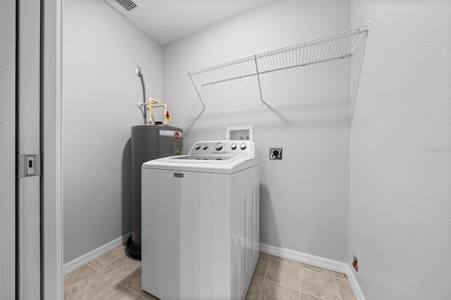 clothes washing area with washer / dryer and water heater