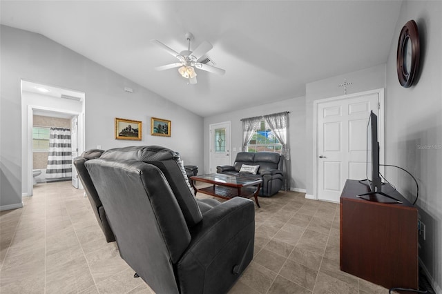 living room featuring lofted ceiling and ceiling fan