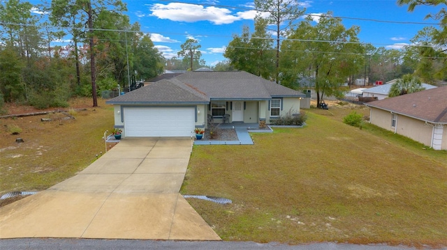 ranch-style house featuring a garage, a front yard, and a porch