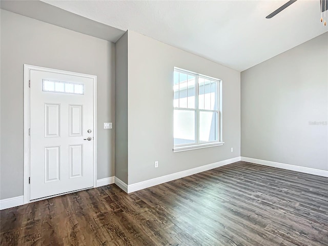 entryway featuring ceiling fan, a healthy amount of sunlight, and dark hardwood / wood-style floors