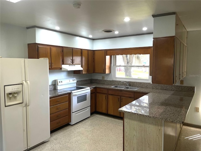 kitchen featuring sink, dark stone counters, white appliances, and kitchen peninsula