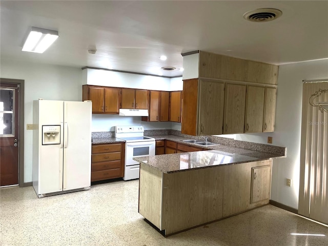 kitchen with sink, white appliances, and kitchen peninsula