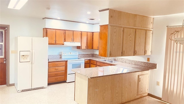 kitchen featuring sink, light stone counters, white appliances, and kitchen peninsula