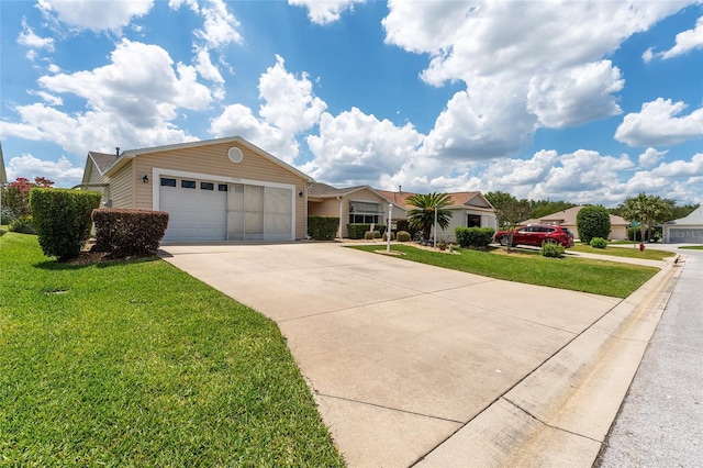 single story home with a front lawn and a garage