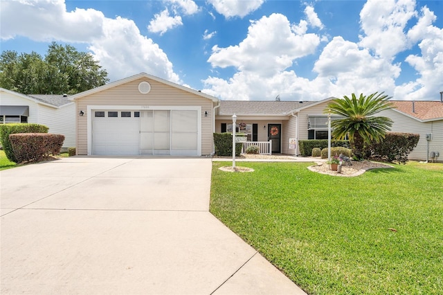 ranch-style house with a front yard and a garage