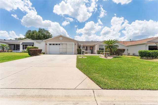 ranch-style house with a front lawn and a garage