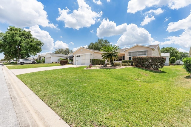 single story home featuring a front yard and a garage