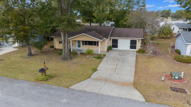 ranch-style home with a front yard, a garage, and a porch