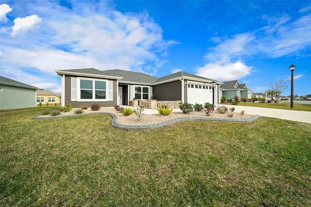 ranch-style house featuring a front lawn, a porch, and a garage