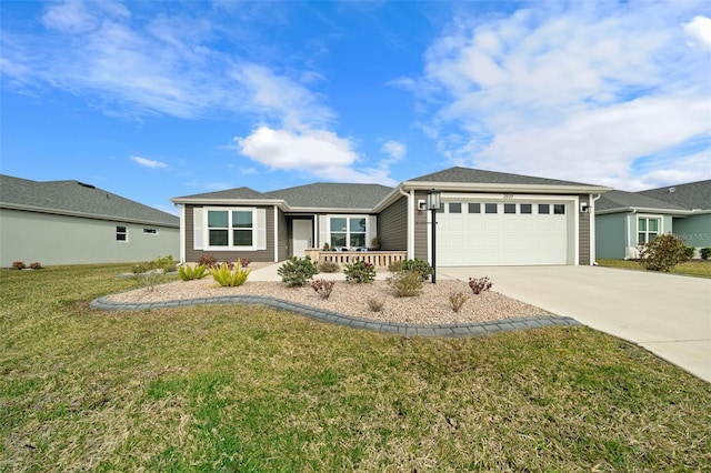 ranch-style home with a garage, a front lawn, and covered porch