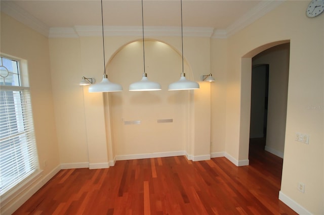 interior space with crown molding and dark wood-type flooring