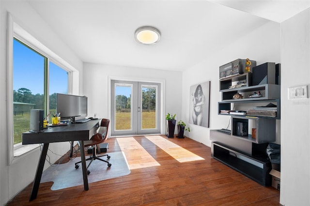 office area featuring french doors and hardwood / wood-style floors