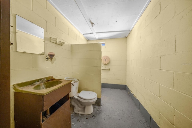 bathroom with concrete floors, toilet, and vanity