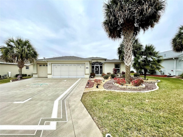 ranch-style home with a garage and a front lawn