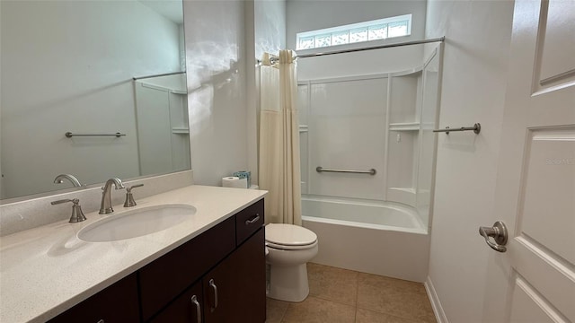 full bathroom featuring shower / bath combination with curtain, vanity, tile patterned floors, and toilet