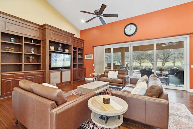 living room with ceiling fan, high vaulted ceiling, and dark hardwood / wood-style flooring