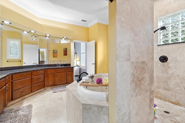 bathroom featuring vanity, crown molding, and plus walk in shower