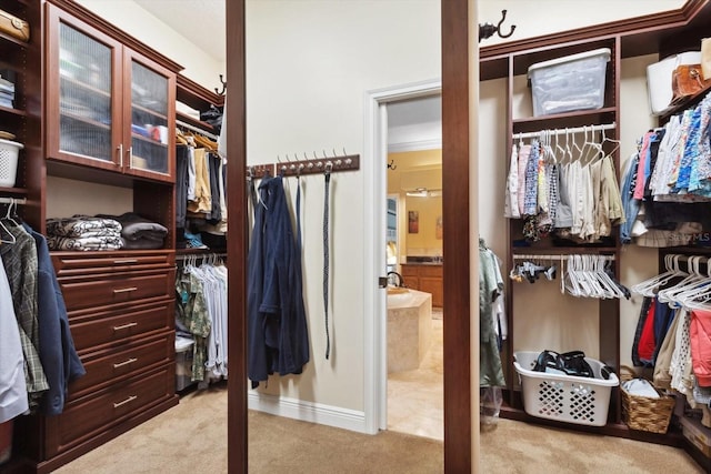 walk in closet featuring light carpet