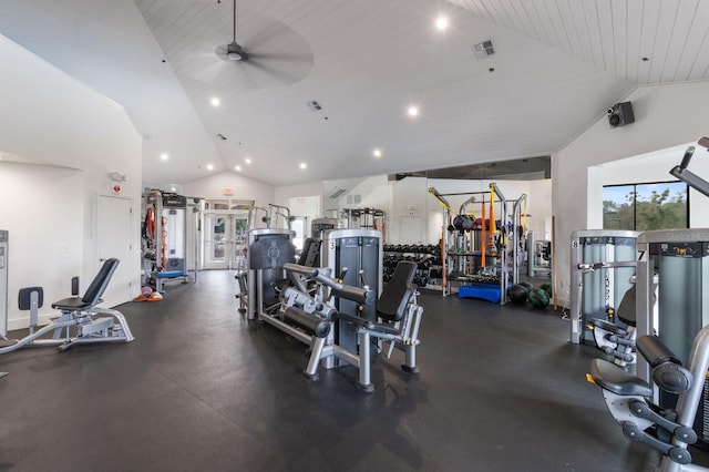 workout area featuring vaulted ceiling, wooden ceiling, and ceiling fan