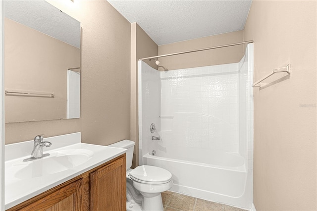 full bathroom with toilet, a textured ceiling, shower / bathtub combination, vanity, and tile patterned flooring