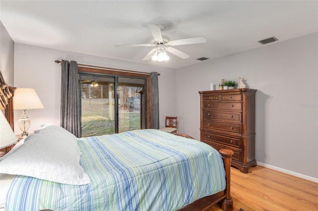 bedroom with ceiling fan, access to exterior, and light hardwood / wood-style floors