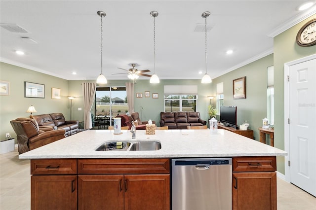 kitchen featuring sink, stainless steel dishwasher, a kitchen island with sink, and crown molding