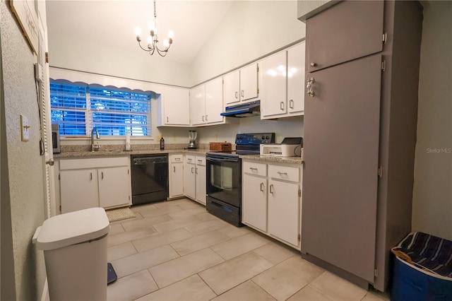 kitchen featuring black appliances, a notable chandelier, light tile patterned floors, white cabinets, and lofted ceiling