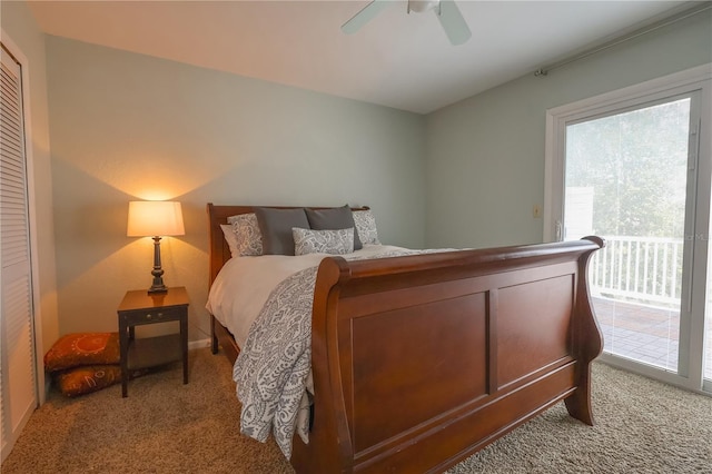 bedroom with ceiling fan, light colored carpet, a closet, and access to outside