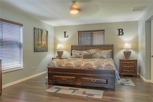 bedroom featuring multiple windows and dark hardwood / wood-style floors