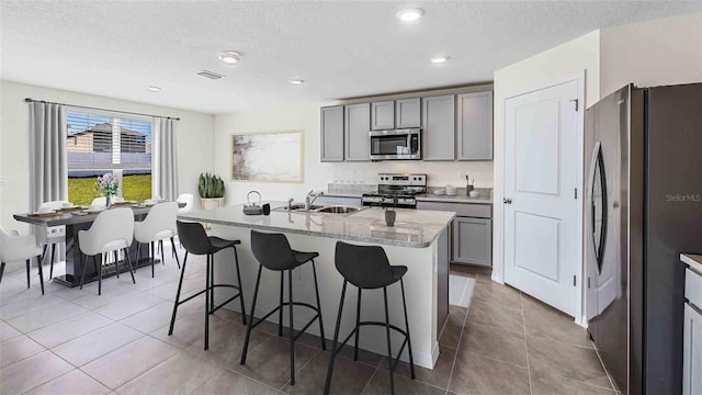 kitchen with sink, gray cabinetry, stainless steel appliances, and a center island with sink