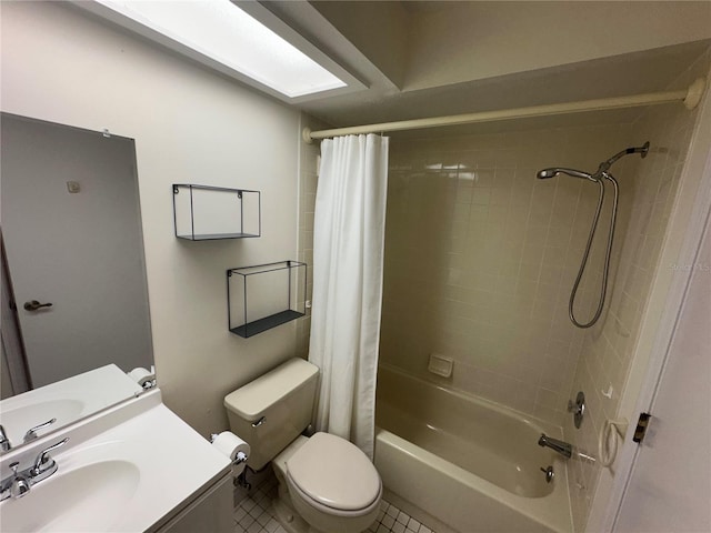 full bathroom featuring toilet, vanity, tile patterned floors, and shower / bathtub combination with curtain