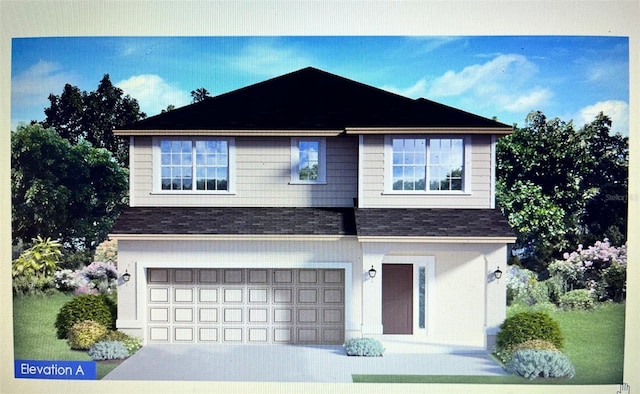 view of front of house with a garage, concrete driveway, and roof with shingles