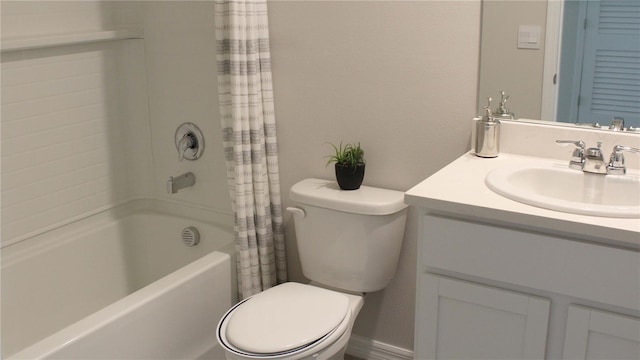 full bathroom with toilet, vanity, and shower / bath combination with curtain