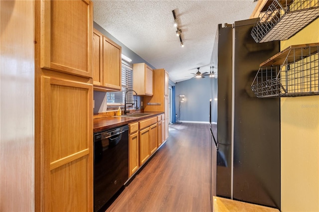 kitchen featuring dark wood-type flooring, black dishwasher, sink, ceiling fan, and butcher block countertops