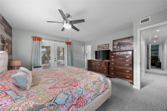 bedroom featuring ceiling fan, carpet flooring, french doors, and access to outside