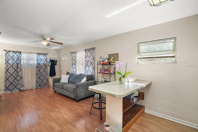 living room featuring ceiling fan and hardwood / wood-style floors