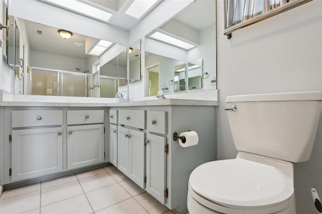 bathroom with vanity, visible vents, a stall shower, tile patterned flooring, and toilet