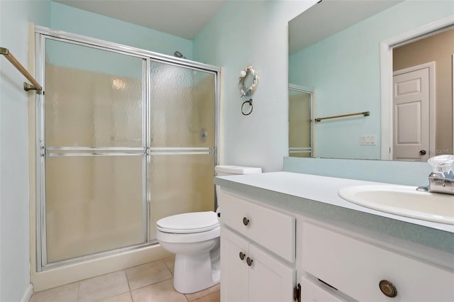 full bathroom featuring vanity, toilet, a shower stall, and tile patterned flooring