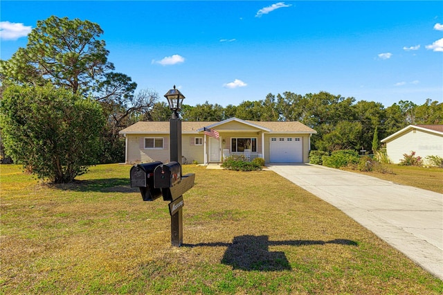 ranch-style house with a garage and a front lawn