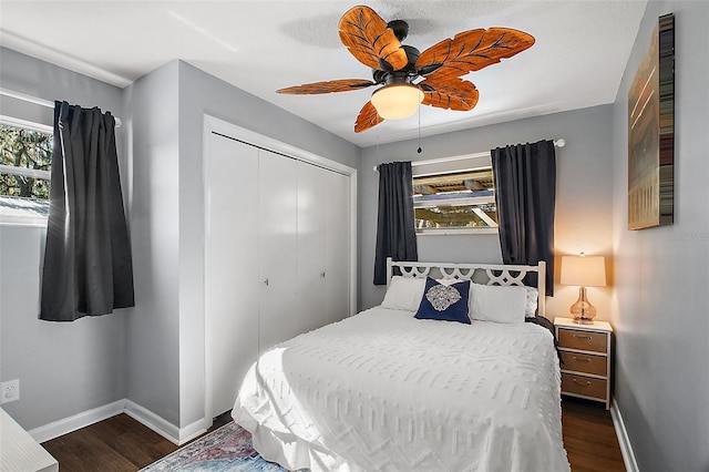 bedroom featuring ceiling fan, a closet, and dark hardwood / wood-style floors