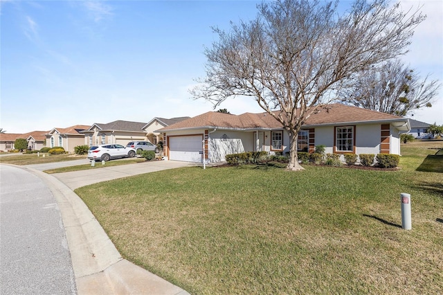 single story home with a garage and a front lawn